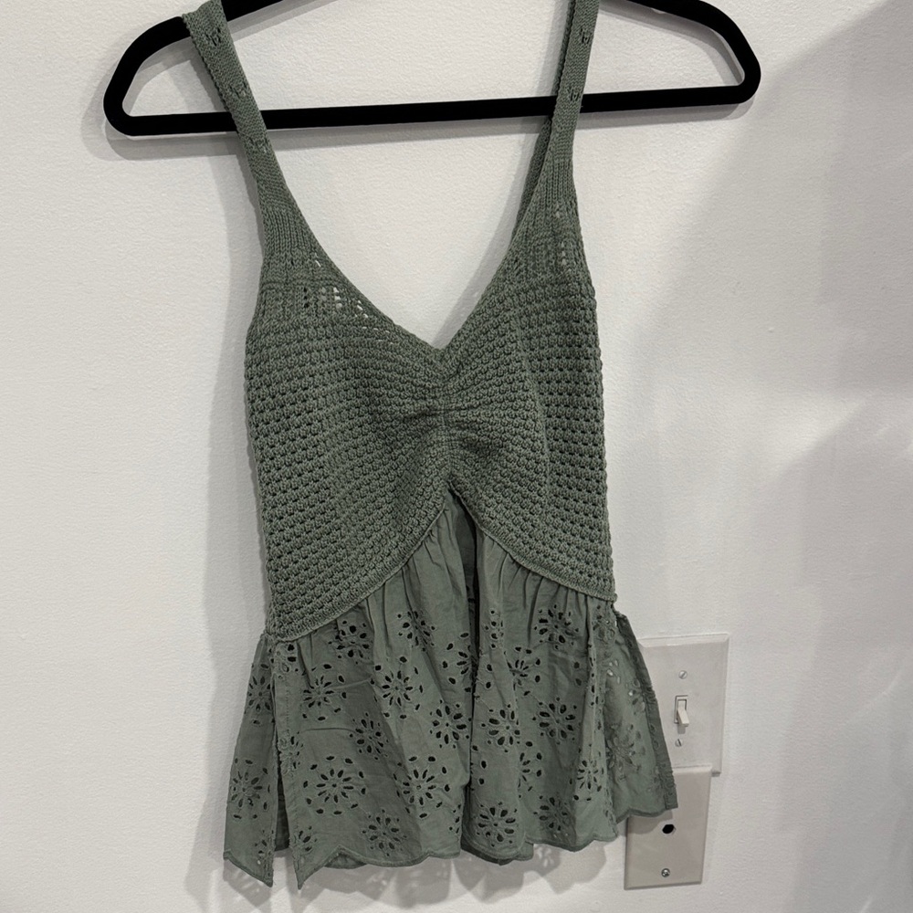 Francesca's Collections Olive Green Crochet & Eyelet Tank Top